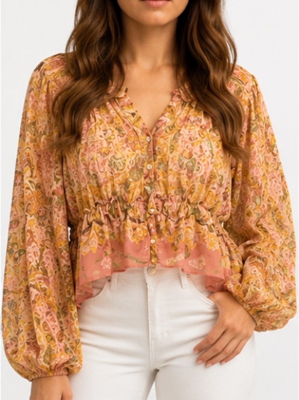 Boho Floral Peplum Blouse Balloon Sleeve Lightweight Bohemian Top